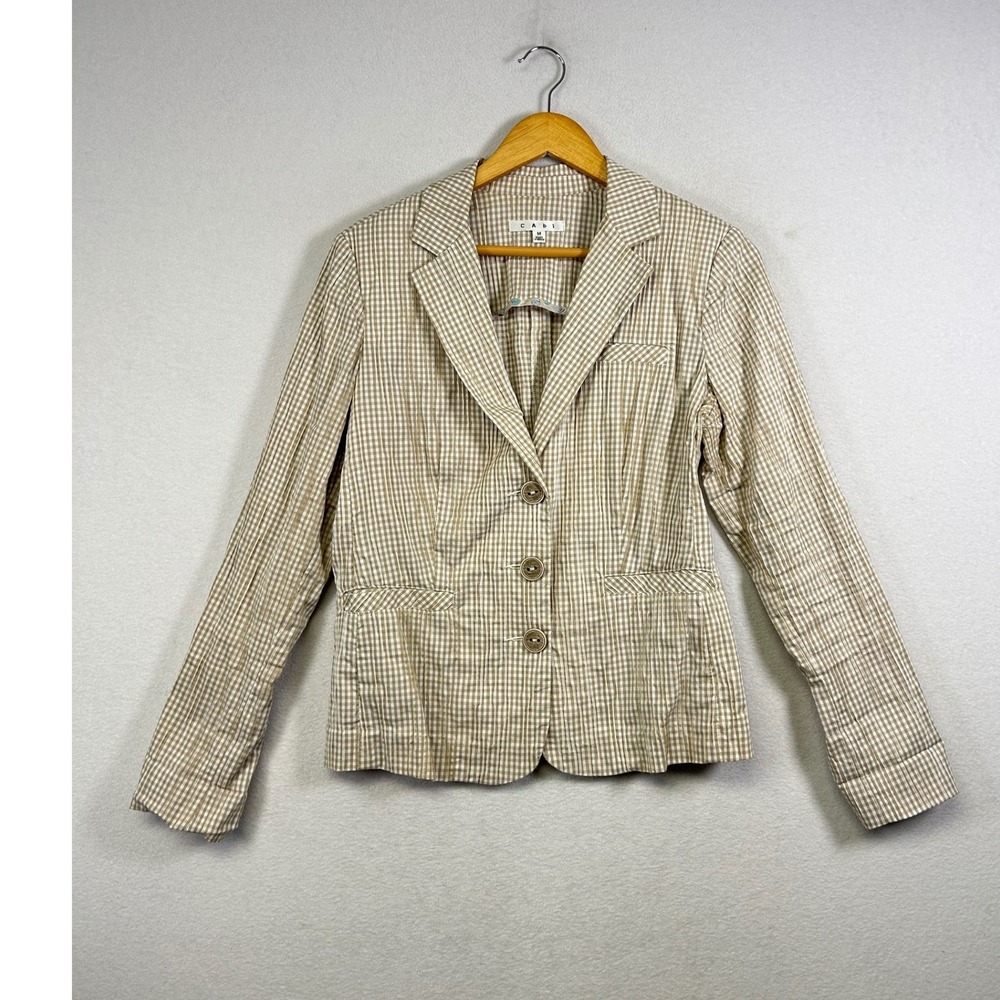 Preppy Cabi Gingham Blazer Womens Medium Tan White Seersucker Textured Button Up